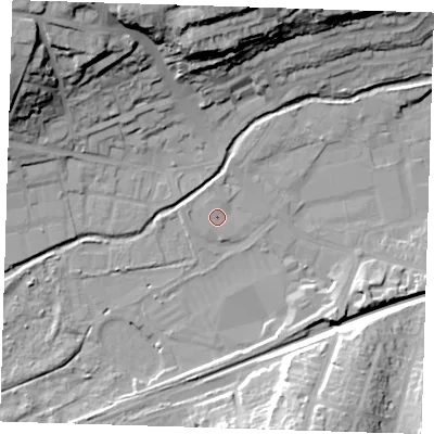 Shaded relief map of the ground around DA14FY, computed from Environment Agency LiDAR. The ground here sits at about 7 m above sea level and falls 30 m across the surrounding 800 m. Surface water reaching this point runs off ground lying to the south-west, 1.3 m higher.