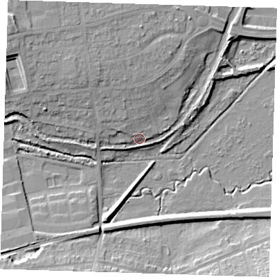 Shaded relief map of the ground around DA14GN, computed from Environment Agency LiDAR. The ground here sits at about 6 m above sea level and falls 16 m across the surrounding 800 m. Surface water reaching this point runs off ground lying to the north-west, 8.0 m higher.