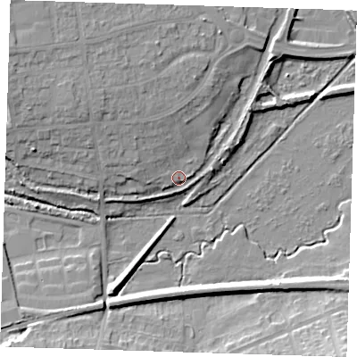 Shaded relief map of the ground around DA14GP, computed from Environment Agency LiDAR. The ground here sits at about 6 m above sea level and falls 16 m across the surrounding 800 m. Surface water reaching this point runs off ground lying to the north-west, 8.0 m higher.