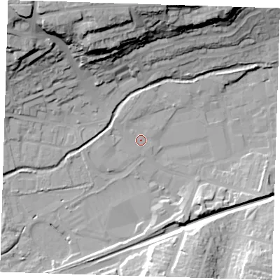 Shaded relief map of the ground around DA14HA, computed from Environment Agency LiDAR. The ground here sits at about 6 m above sea level and falls 33 m across the surrounding 800 m. Surface water reaching this point runs off ground lying to the north-west, 1.2 m higher.