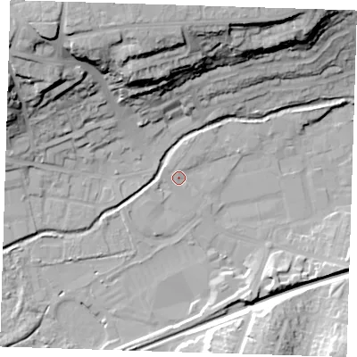Shaded relief map of the ground around DA14HD, computed from Environment Agency LiDAR. The ground here sits at about 7 m above sea level and falls 33 m across the surrounding 800 m. Surface water reaching this point runs off ground lying to the north-west, 1.8 m higher.