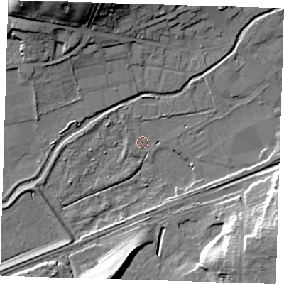 Shaded relief map of the ground around DA14HF, computed from Environment Agency LiDAR. The ground here sits at about 6 m above sea level and falls 25 m across the surrounding 800 m. Surface water reaching this point runs off ground lying to the east-south-east, 5.6 m higher.