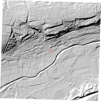Shaded relief map of the ground around DA14HG, computed from Environment Agency LiDAR. The ground here sits at about 8 m above sea level and falls 32 m across the surrounding 800 m. Surface water reaching this point runs off ground lying to the north-west, 28.3 m higher.