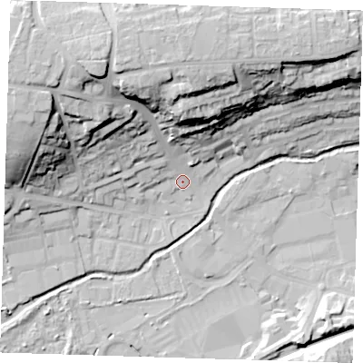 Shaded relief map of the ground around DA14HH, computed from Environment Agency LiDAR. The ground here sits at about 8 m above sea level and falls 32 m across the surrounding 800 m. Surface water reaching this point runs off ground lying to the north-west, 28.0 m higher.