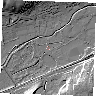 Shaded relief map of the ground around DA14HN, computed from Environment Agency LiDAR. The ground here sits at about 6 m above sea level and falls 28 m across the surrounding 800 m. Surface water reaching this point runs off ground lying to the north-east, 2.7 m higher.