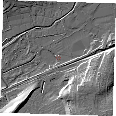 Shaded relief map of the ground around DA14HR, computed from Environment Agency LiDAR. The ground here sits at about 7 m above sea level and falls 27 m across the surrounding 800 m. Surface water reaching this point runs off ground lying to the south-east, 5.6 m higher.