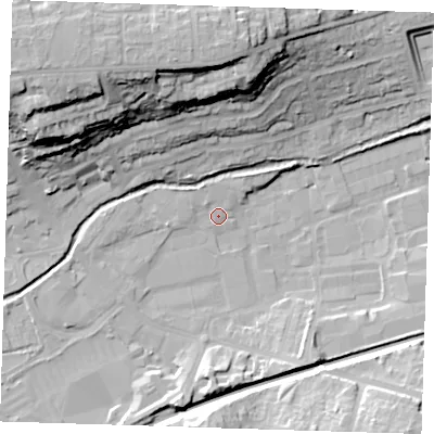 Shaded relief map of the ground around DA14HS, computed from Environment Agency LiDAR. The ground here sits at about 5 m above sea level and falls 32 m across the surrounding 800 m. Surface water reaching this point runs off ground lying to the north-west, 1.2 m higher.