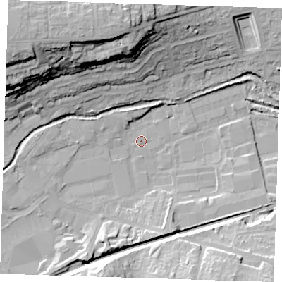 Shaded relief map of the ground around DA14HT, computed from Environment Agency LiDAR. The ground here sits at about 4 m above sea level and falls 31 m across the surrounding 800 m. Surface water reaching this point runs off ground lying to the west, 3.6 m higher.