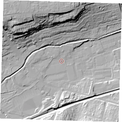 Shaded relief map of the ground around DA14HU, computed from Environment Agency LiDAR. The ground here sits at about 5 m above sea level and falls 31 m across the surrounding 800 m. Surface water reaching this point runs off ground lying to the west, 2.7 m higher.