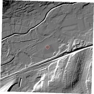 Shaded relief map of the ground around DA14HW, computed from Environment Agency LiDAR. The ground here sits at about 6 m above sea level and falls 27 m across the surrounding 800 m. Surface water reaching this point runs off ground lying to the east-south-east, 7.3 m higher.