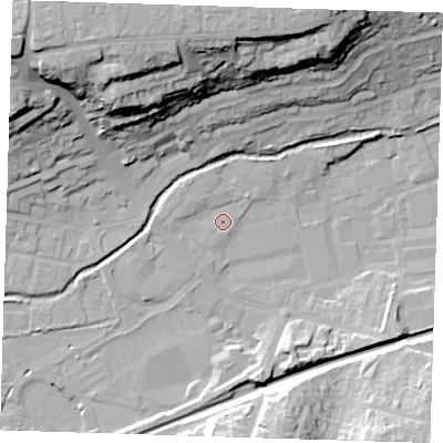 Shaded relief map of the ground around DA14HY, computed from Environment Agency LiDAR. The ground here sits at about 6 m above sea level and falls 33 m across the surrounding 800 m. Surface water reaching this point runs off ground lying to the west, 2.1 m higher.