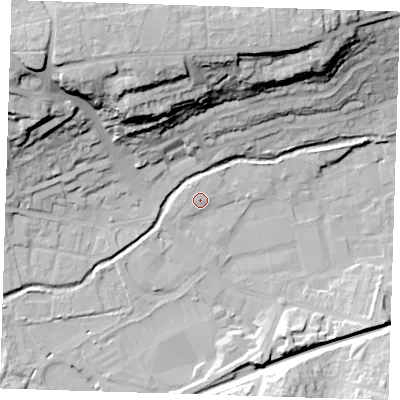 Shaded relief map of the ground around DA14JA, computed from Environment Agency LiDAR. The ground here sits at about 7 m above sea level and falls 33 m across the surrounding 800 m. Surface water reaching this point runs off ground lying to the north, 0.8 m higher.