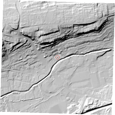 Shaded relief map of the ground around DA14JD, computed from Environment Agency LiDAR. The ground here sits at about 7 m above sea level and falls 33 m across the surrounding 800 m. Surface water reaching this point runs off ground lying to the north-west, 30.7 m higher.