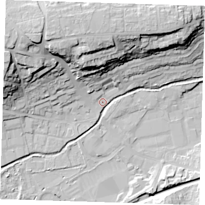 Shaded relief map of the ground around DA14JJ, computed from Environment Agency LiDAR. The ground here sits at about 7 m above sea level and falls 32 m across the surrounding 800 m. Surface water reaching this point runs off ground lying to the north-west, 30.6 m higher.