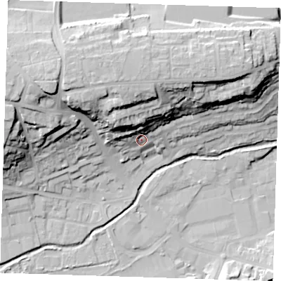 Shaded relief map of the ground around DA14JR, computed from Environment Agency LiDAR. The ground here sits at about 13 m above sea level and falls 32 m across the surrounding 800 m. Surface water reaching this point runs off ground lying to the north-north-west, 15.2 m higher.