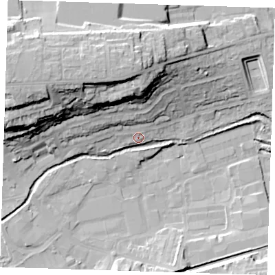 Shaded relief map of the ground around DA14JY, computed from Environment Agency LiDAR. The ground here sits at about 9 m above sea level and falls 32 m across the surrounding 800 m. Surface water reaching this point runs off ground lying to the north-north-west, 26.8 m higher.