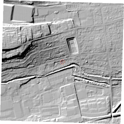 Shaded relief map of the ground around DA14JZ, computed from Environment Agency LiDAR. The ground here sits at about 7 m above sea level and falls 31 m across the surrounding 800 m. Surface water reaching this point runs off ground lying to the north-west, 16.3 m higher.