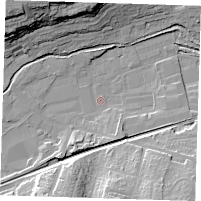 Shaded relief map of the ground around DA14LB, computed from Environment Agency LiDAR. The ground here sits at about 4 m above sea level and falls 31 m across the surrounding 800 m. Surface water reaching this point runs off ground lying to the south-south-west, 7.9 m higher.
