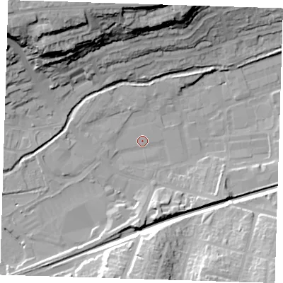 Shaded relief map of the ground around DA14LD, computed from Environment Agency LiDAR. The ground here sits at about 5 m above sea level and falls 32 m across the surrounding 800 m. Surface water reaching this point runs off ground lying to the south, 8.9 m higher.