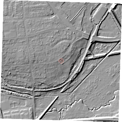 Shaded relief map of the ground around DA14LS, computed from Environment Agency LiDAR. The ground here sits at about 9 m above sea level and falls 14 m across the surrounding 800 m. Surface water reaching this point runs off ground lying to the west-north-west, 2.1 m higher.
