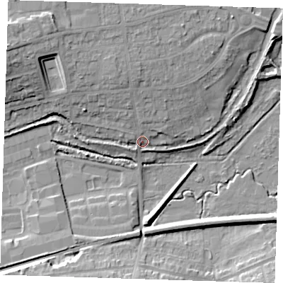 Shaded relief map of the ground around DA14ND, computed from Environment Agency LiDAR. The ground here sits at about 6 m above sea level and falls 17 m across the surrounding 800 m. Surface water reaching this point runs off ground lying to the north-north-west, 5.9 m higher.