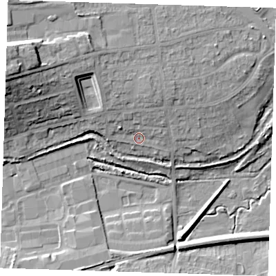 Shaded relief map of the ground around DA14NR, computed from Environment Agency LiDAR. The ground here sits at about 8 m above sea level and falls 22 m across the surrounding 800 m. Surface water reaching this point runs off ground lying to the north-north-east, 5.2 m higher.