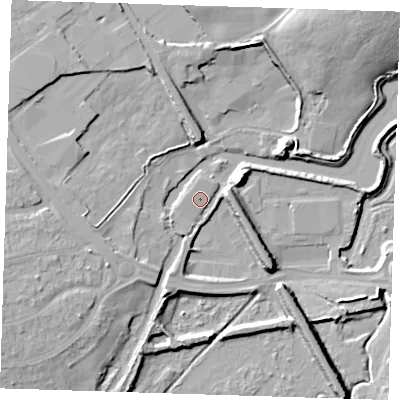 Shaded relief map of the ground around DA14QG, computed from Environment Agency LiDAR. The ground here sits at about 5 m above sea level and falls 14 m across the surrounding 800 m. Surface water reaching this point runs off ground lying to the east-north-east, 5.7 m higher.