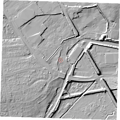 Shaded relief map of the ground around DA14QH, computed from Environment Agency LiDAR. The ground here sits at about 6 m above sea level and falls 13 m across the surrounding 800 m. Surface water reaching this point runs off ground lying to the south-west, 1.7 m higher.
