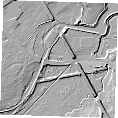 Shaded relief map of the ground around DA14RF, computed from Environment Agency LiDAR. The ground here sits at about 3 m above sea level and falls 11 m across the surrounding 800 m. Surface water reaching this point runs off ground lying to the west-south-west, 2.8 m higher.