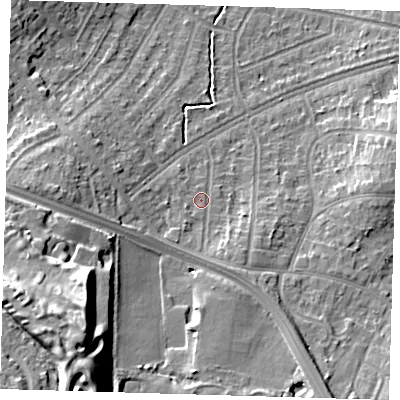 Shaded relief map of the ground around DA157NP, computed from Environment Agency LiDAR. The ground here sits at about 44 m above sea level and falls 26 m across the surrounding 800 m. Surface water reaching this point runs off ground lying to the south-west, 20.1 m higher.