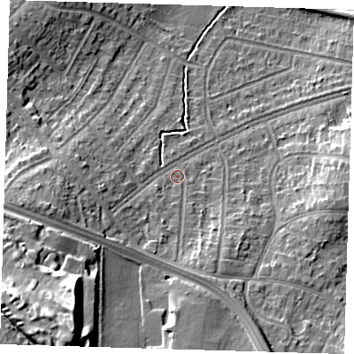 Shaded relief map of the ground around DA157NZ, computed from Environment Agency LiDAR. The ground here sits at about 43 m above sea level and falls 27 m across the surrounding 800 m. Surface water reaching this point runs off ground lying to the south-south-west, 21.2 m higher.
