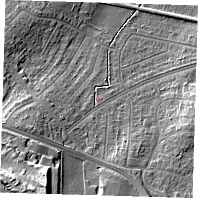 Shaded relief map of the ground around DA157PA, computed from Environment Agency LiDAR. The ground here sits at about 43 m above sea level and falls 27 m across the surrounding 800 m. Surface water reaching this point runs off ground lying to the west-south-west, 8.5 m higher.