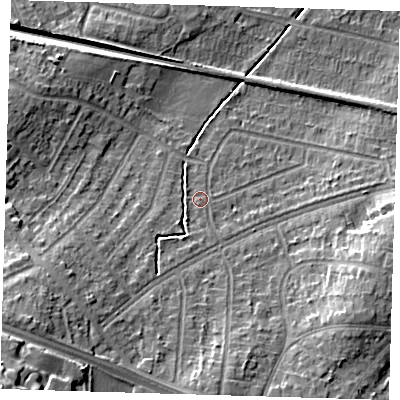 Shaded relief map of the ground around DA157PE, computed from Environment Agency LiDAR. The ground here sits at about 41 m above sea level and falls 22 m across the surrounding 800 m. Surface water reaching this point runs off ground lying to the south-south-west, 2.3 m higher.