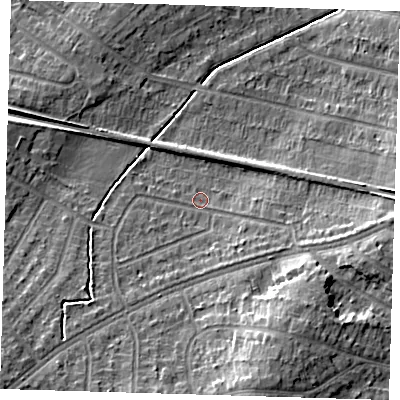 Shaded relief map of the ground around DA157PF, computed from Environment Agency LiDAR. The ground here sits at about 38 m above sea level and falls 15 m across the surrounding 800 m. Surface water reaching this point runs off ground lying to the south-south-east, 10.6 m higher.
