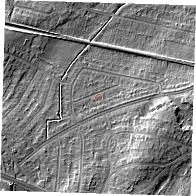 Shaded relief map of the ground around DA157PH, computed from Environment Agency LiDAR. The ground here sits at about 40 m above sea level and falls 17 m across the surrounding 800 m. Surface water reaching this point runs off ground lying to the south-west, 2.5 m higher.