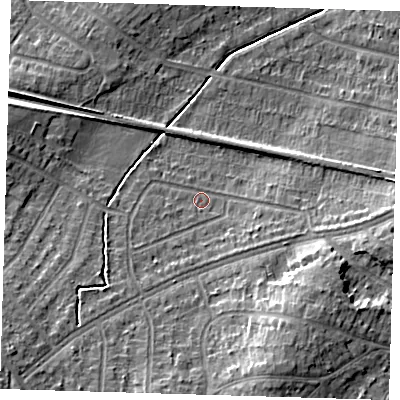 Shaded relief map of the ground around DA157PJ, computed from Environment Agency LiDAR. The ground here sits at about 39 m above sea level and falls 15 m across the surrounding 800 m. Surface water reaching this point runs off ground lying to the south-west, 11.1 m higher.