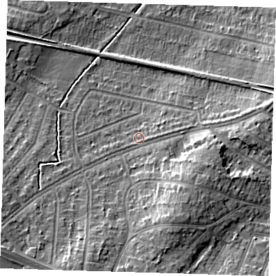 Shaded relief map of the ground around DA157PQ, computed from Environment Agency LiDAR. The ground here sits at about 40 m above sea level and falls 13 m across the surrounding 800 m. Surface water reaching this point runs off ground lying to the south-west, 7.9 m higher.