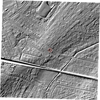 Shaded relief map of the ground around DA158AA, computed from Environment Agency LiDAR. The ground here sits at about 39 m above sea level and falls 12 m across the surrounding 800 m. Surface water reaching this point runs off ground lying to the west-north-west, 1.3 m higher.