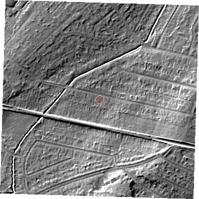 Shaded relief map of the ground around DA158AP, computed from Environment Agency LiDAR. The ground here sits at about 36 m above sea level and falls 15 m across the surrounding 800 m. Surface water reaching this point runs off ground lying to the west-south-west, 3.5 m higher.
