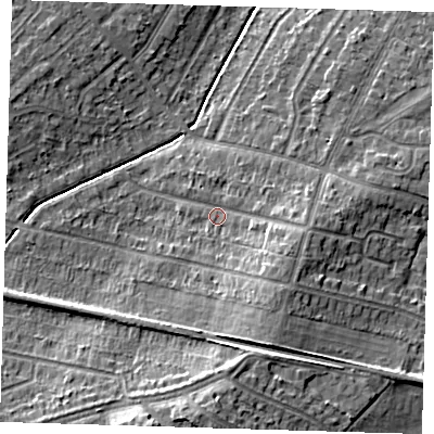 Shaded relief map of the ground around DA158BB, computed from Environment Agency LiDAR. The ground here sits at about 36 m above sea level and falls 13 m across the surrounding 800 m. Surface water reaching this point runs off ground lying to the south-east, 4.6 m higher.