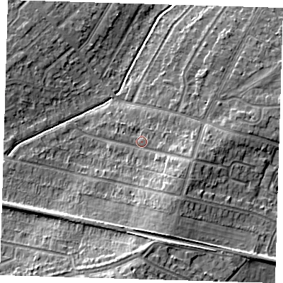 Shaded relief map of the ground around DA158BD, computed from Environment Agency LiDAR. The ground here sits at about 36 m above sea level and falls 13 m across the surrounding 800 m. Surface water reaching this point runs off ground lying to the south-east, 4.5 m higher.