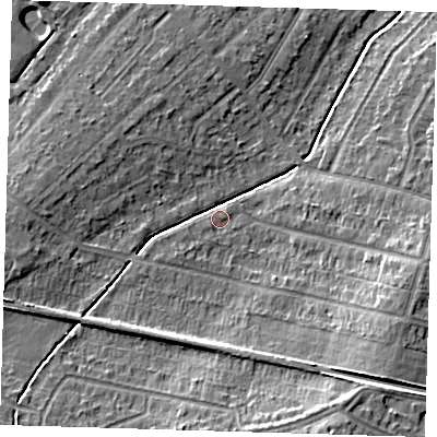 Shaded relief map of the ground around DA158BE, computed from Environment Agency LiDAR. The ground here sits at about 35 m above sea level and falls 12 m across the surrounding 800 m. Surface water reaching this point runs off ground lying to the west, 6.5 m higher.