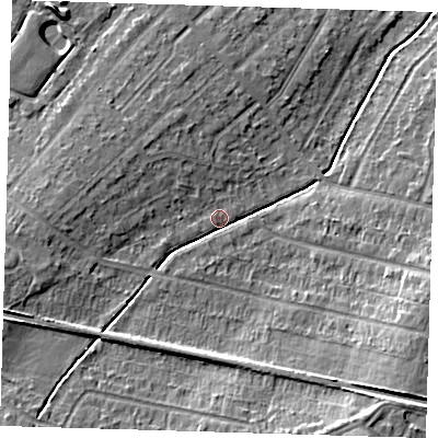 Shaded relief map of the ground around DA158BH, computed from Environment Agency LiDAR. The ground here sits at about 35 m above sea level and falls 12 m across the surrounding 800 m. Surface water reaching this point runs off ground lying to the west-south-west, 7.1 m higher.