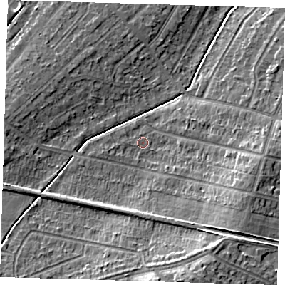 Shaded relief map of the ground around DA158BU, computed from Environment Agency LiDAR. The ground here sits at about 35 m above sea level and falls 13 m across the surrounding 800 m. Surface water reaching this point runs off ground lying to the west-south-west, 1.3 m higher.