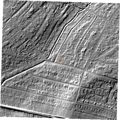 Shaded relief map of the ground around DA158DB, computed from Environment Agency LiDAR. The ground here sits at about 35 m above sea level and falls 11 m across the surrounding 800 m. Surface water reaching this point runs off ground lying to the south-east, 1.1 m higher.