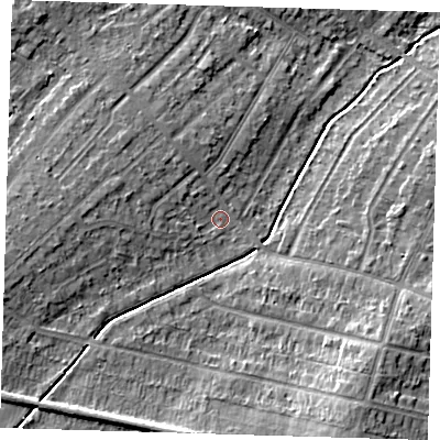 Shaded relief map of the ground around DA158DE, computed from Environment Agency LiDAR. The ground here sits at about 34 m above sea level and falls 11 m across the surrounding 800 m. Surface water reaching this point runs off ground lying to the west-south-west, 5.4 m higher.