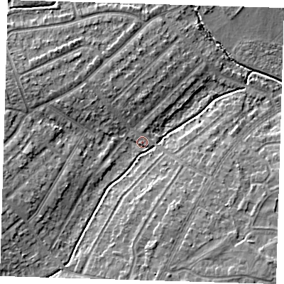Shaded relief map of the ground around DA158EX, computed from Environment Agency LiDAR. The ground here sits at about 32 m above sea level and falls 10 m across the surrounding 800 m. Surface water reaching this point runs off ground lying to the west-south-west, 6.1 m higher.