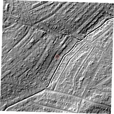 Shaded relief map of the ground around DA158HA, computed from Environment Agency LiDAR. The ground here sits at about 33 m above sea level and falls 11 m across the surrounding 800 m. Surface water reaching this point runs off ground lying to the west-south-west, 3.3 m higher.