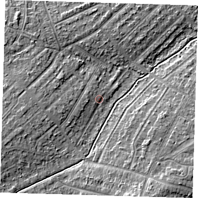 Shaded relief map of the ground around DA158HB, computed from Environment Agency LiDAR. The ground here sits at about 33 m above sea level and falls 10 m across the surrounding 800 m. Surface water reaching this point runs off ground lying to the west-north-west, 1.8 m higher.