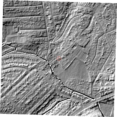 Shaded relief map of the ground around DA158JU, computed from Environment Agency LiDAR. The ground here sits at about 31 m above sea level and falls 13 m across the surrounding 800 m. Surface water reaching this point runs off ground lying to the north-east, 2.9 m higher.